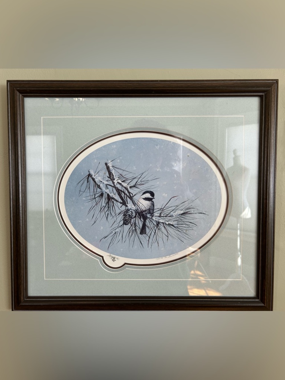 Vintage Bird Print Chickadee Winter Signed Limited Edition Art Blue Brown Matte